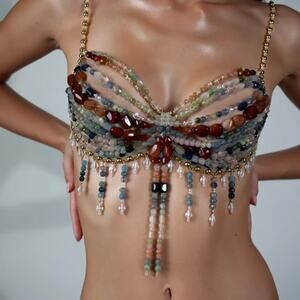Luxury Gemstone Beaded Bralette Crystal Semi-Precious Festival Photos